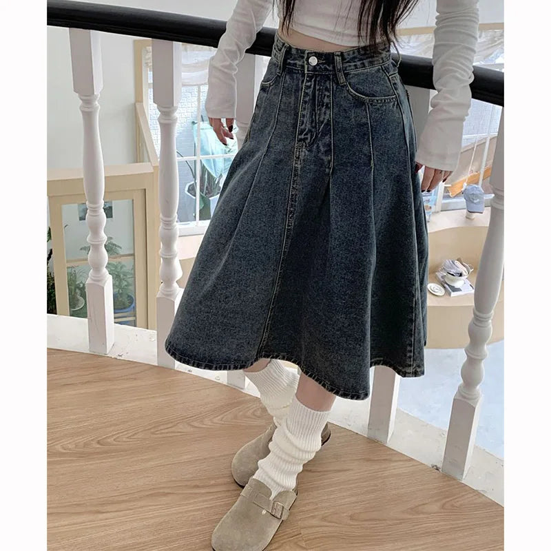 Women's High Waist Vintage Denim Skirt – Korean Style Mid-Long Dress