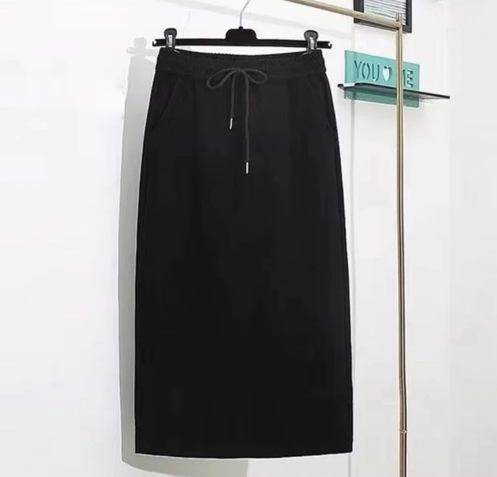 Women's Elegant Silk-like Midi Skirt – High Waist Elastic Belt