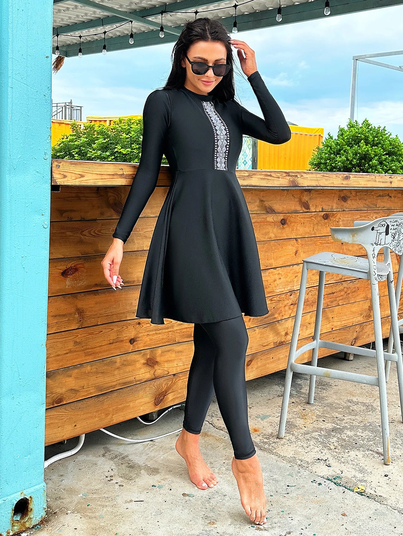 2pcs Muslim Burkini Modest swimsuit  with Black Long Sleeved Dress All Covered Retro Cross Women Swimwear Beach swimsuit SPF50+