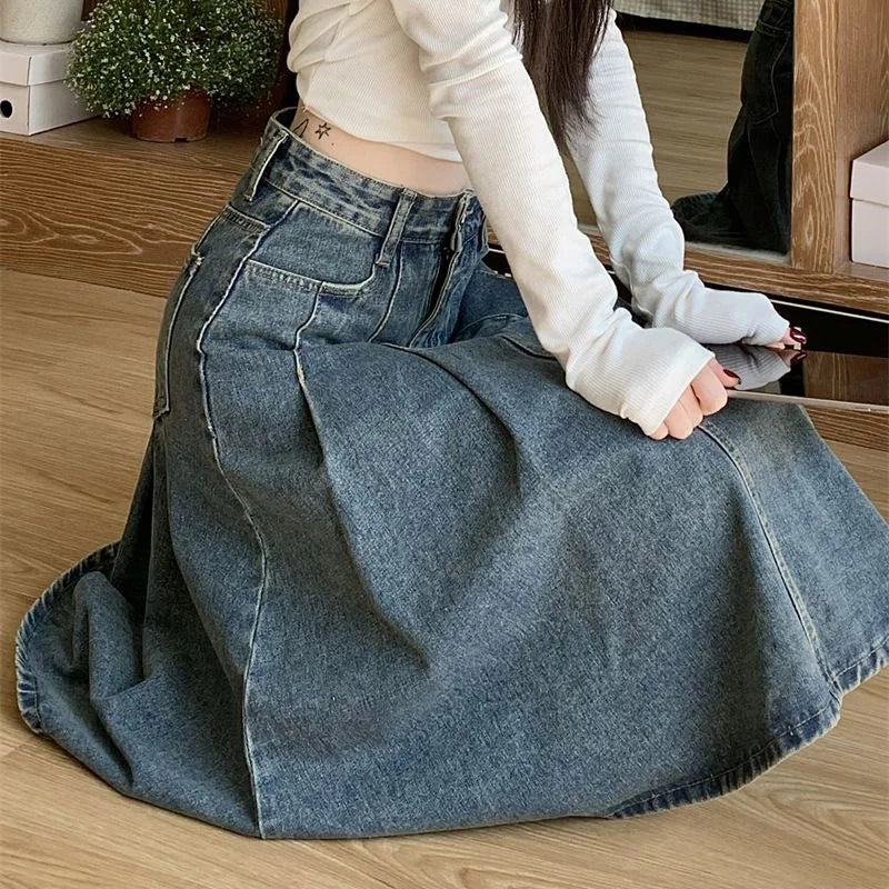 Women's High Waist Vintage Denim Skirt – Korean Style Mid-Long Dress