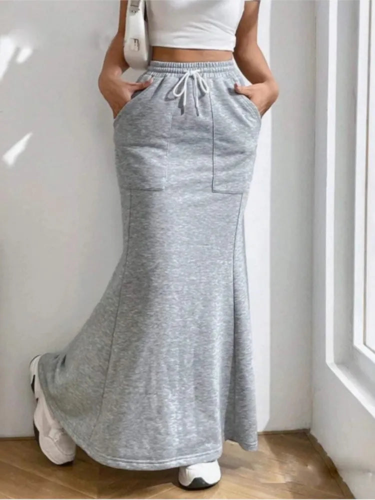 Women's Solid Color Sweatshirt Skirt – Pocket Drawstring Half Dress