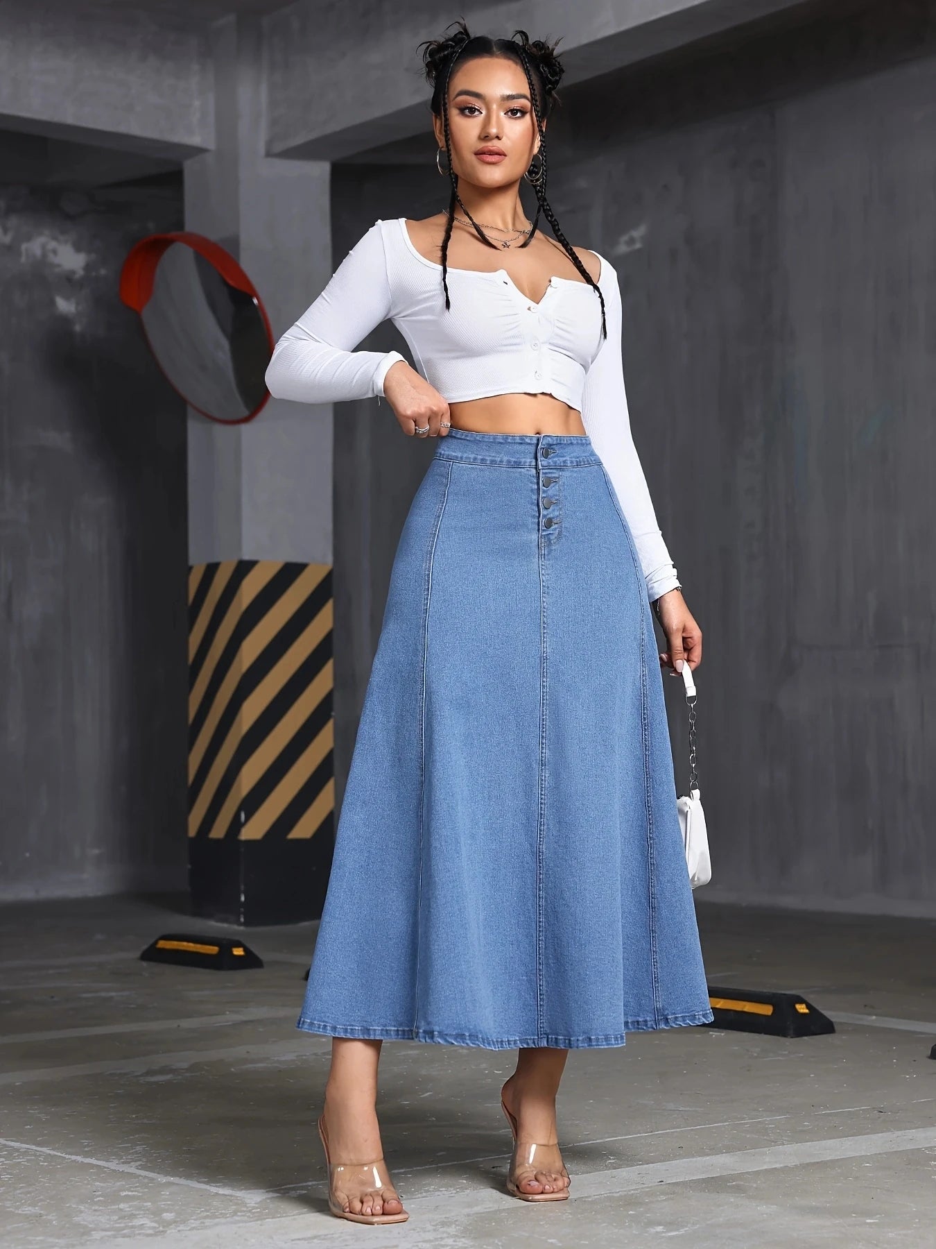 Women's Loose Elastic Waist Denim Skirt – Large Size Front Pocket