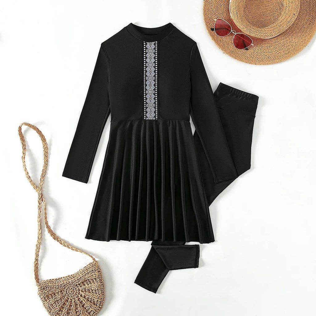 2pcs Muslim Burkini Modest swimsuit  with Black Long Sleeved Dress All Covered Retro Cross Women Swimwear Beach swimsuit SPF50+