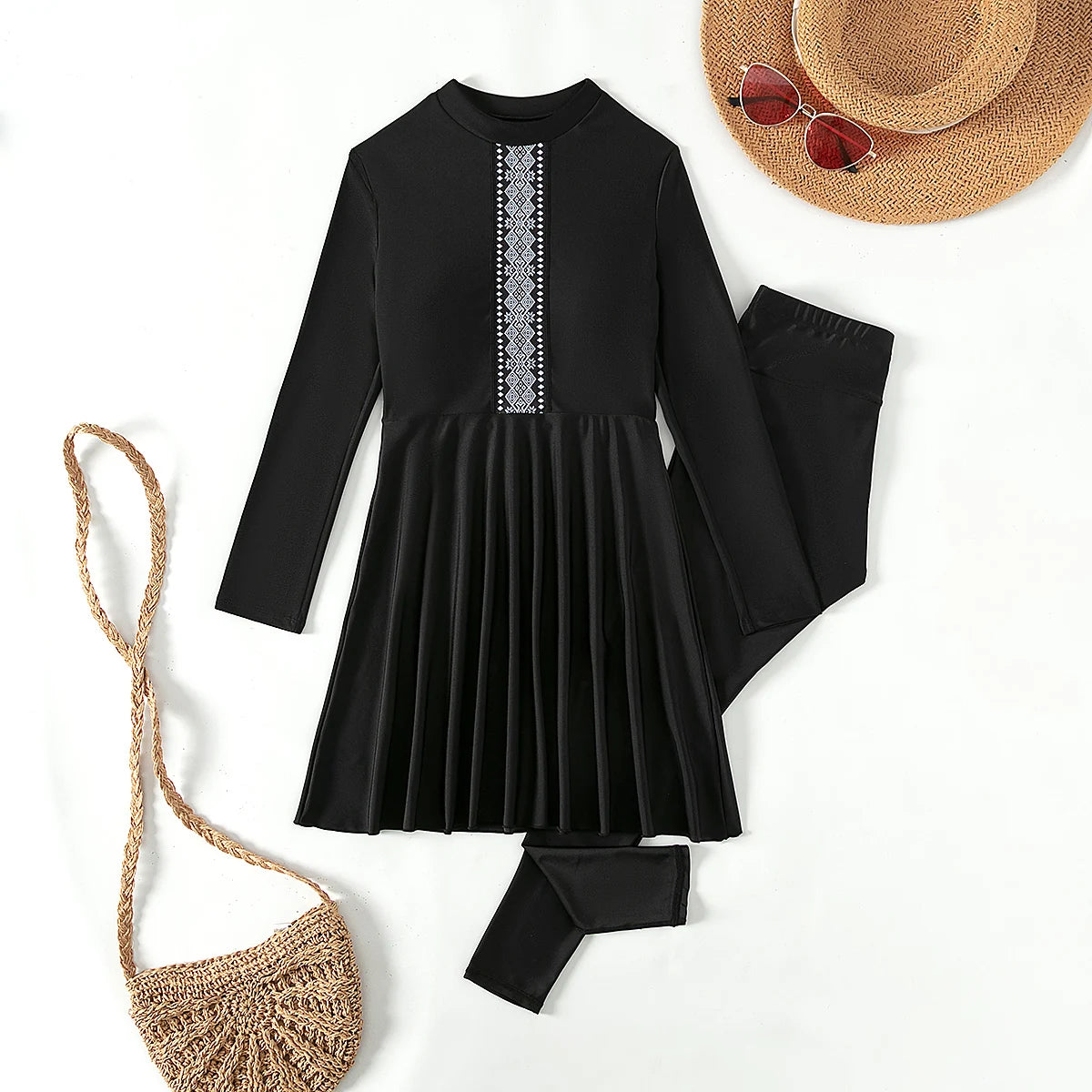 2pcs Muslim Burkini Modest swimsuit  with Black Long Sleeved Dress All Covered Retro Cross Women Swimwear Beach swimsuit SPF50+
