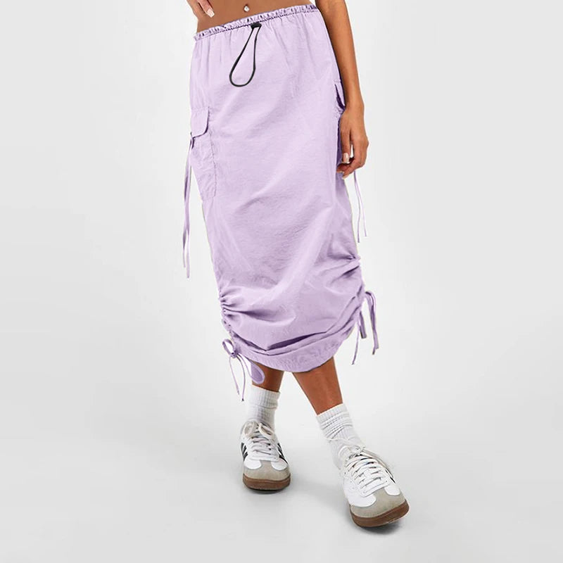 Women's Casual Elastic Waist Drawstring Skirt – Flap Pocket Work Skirt