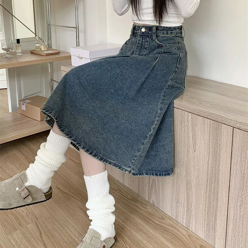 Women's High Waist Vintage Denim Skirt – Korean Style Mid-Long Dress