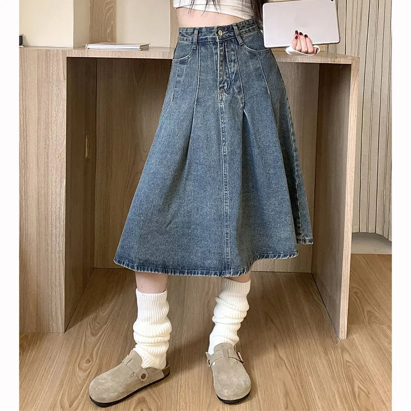 Women's High Waist Vintage Denim Skirt – Korean Style Mid-Long Dress