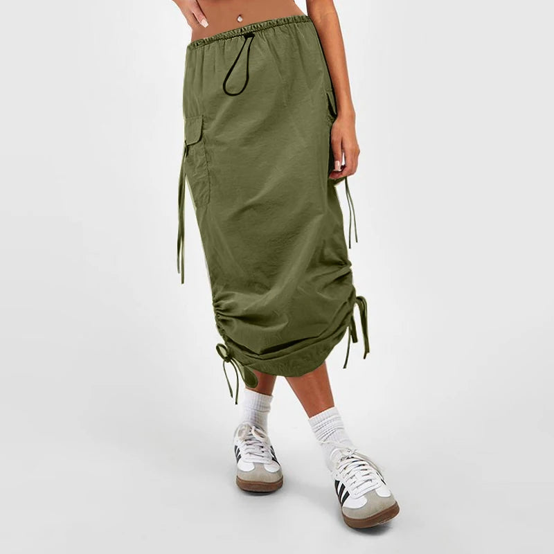 Women's Casual Elastic Waist Drawstring Skirt – Flap Pocket Work Skirt
