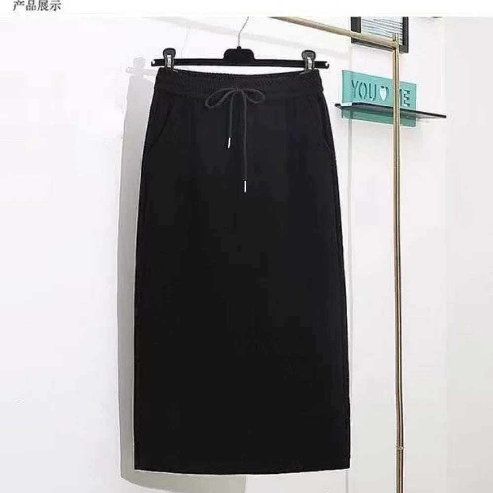 Women's Elegant Silk-like Midi Skirt – High Waist Elastic Belt