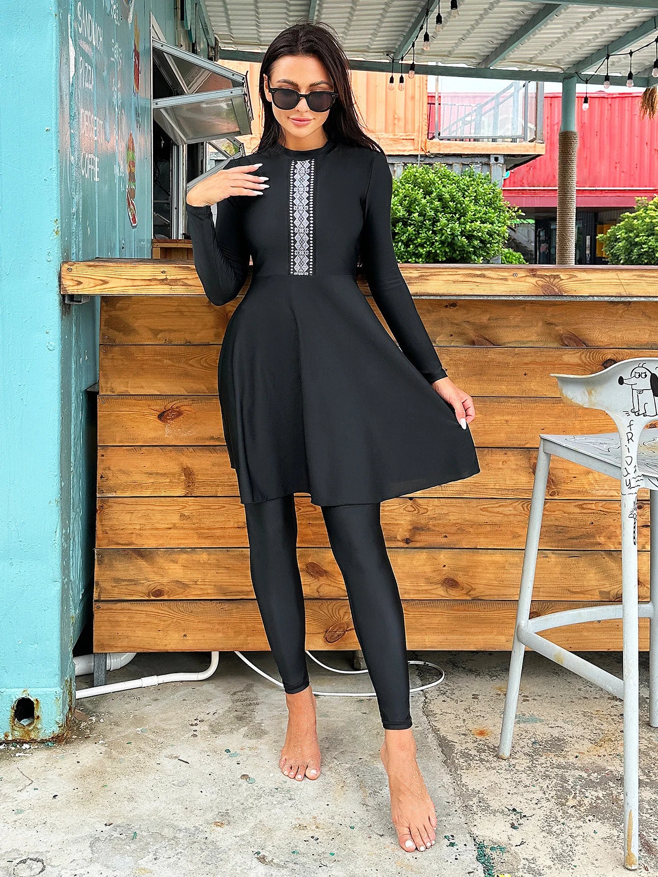 2pcs Muslim Burkini Modest swimsuit  with Black Long Sleeved Dress All Covered Retro Cross Women Swimwear Beach swimsuit SPF50+