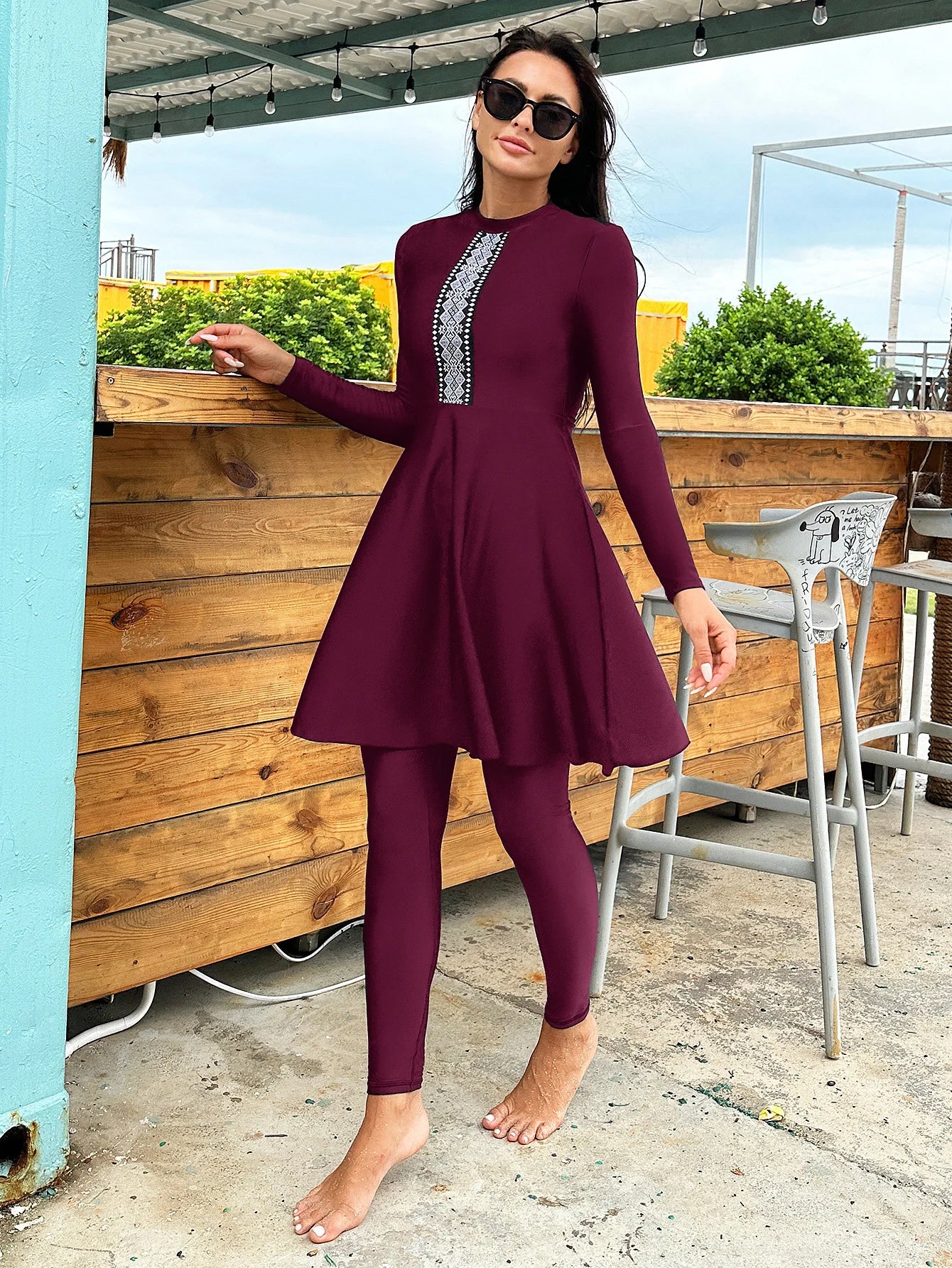 2pcs Muslim Burkini Modest swimsuit  with Black Long Sleeved Dress All Covered Retro Cross Women Swimwear Beach swimsuit SPF50+