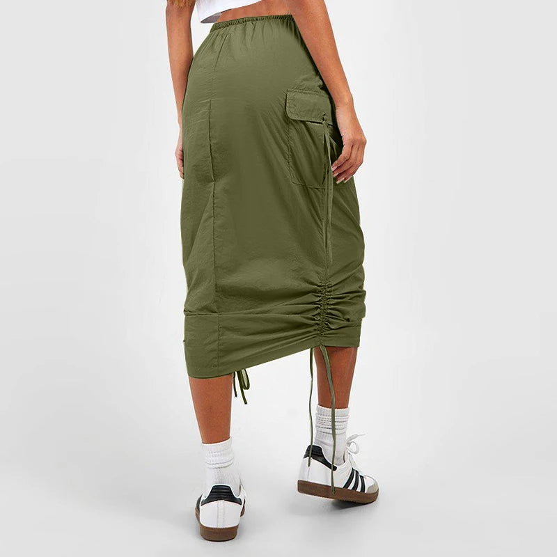 Women's Casual Elastic Waist Drawstring Skirt – Flap Pocket Work Skirt