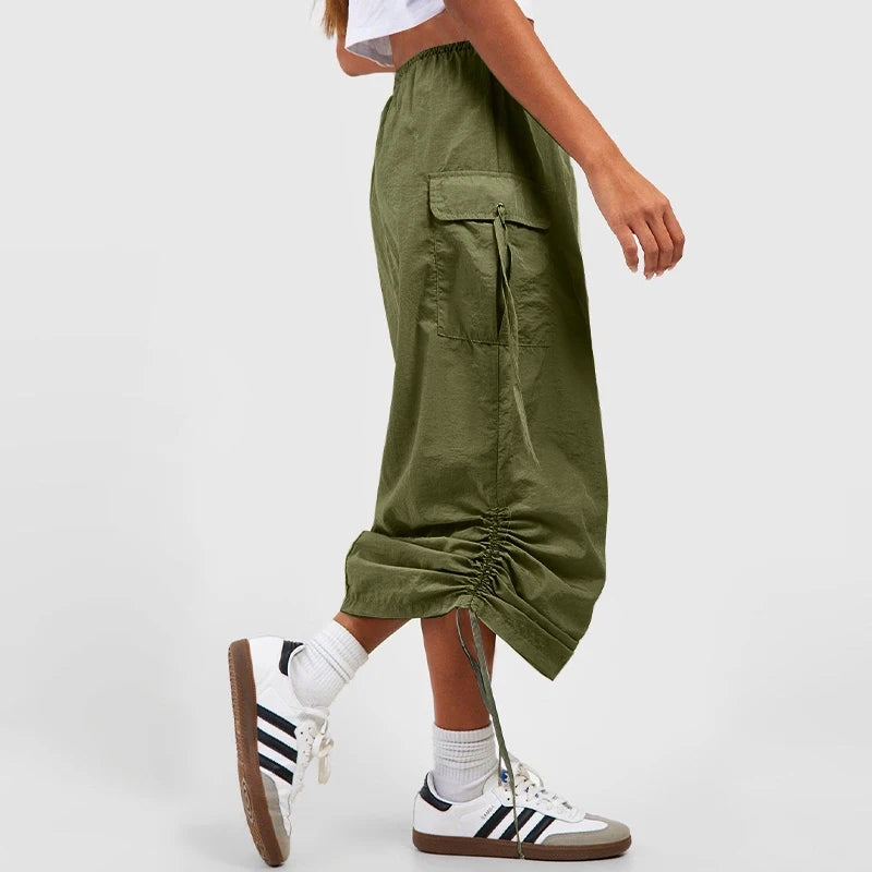 Women's Casual Elastic Waist Drawstring Skirt – Flap Pocket Work Skirt