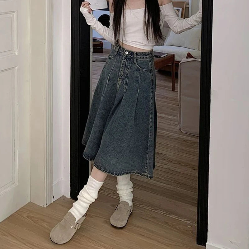 Women's High Waist Vintage Denim Skirt – Korean Style Mid-Long Dress