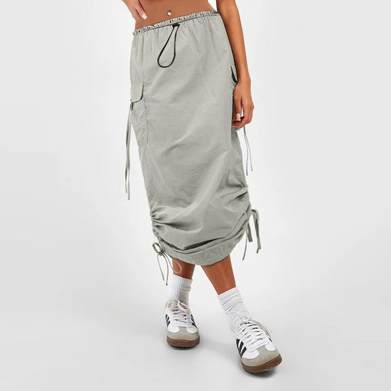 Women's Casual Elastic Waist Drawstring Skirt – Flap Pocket Work Skirt
