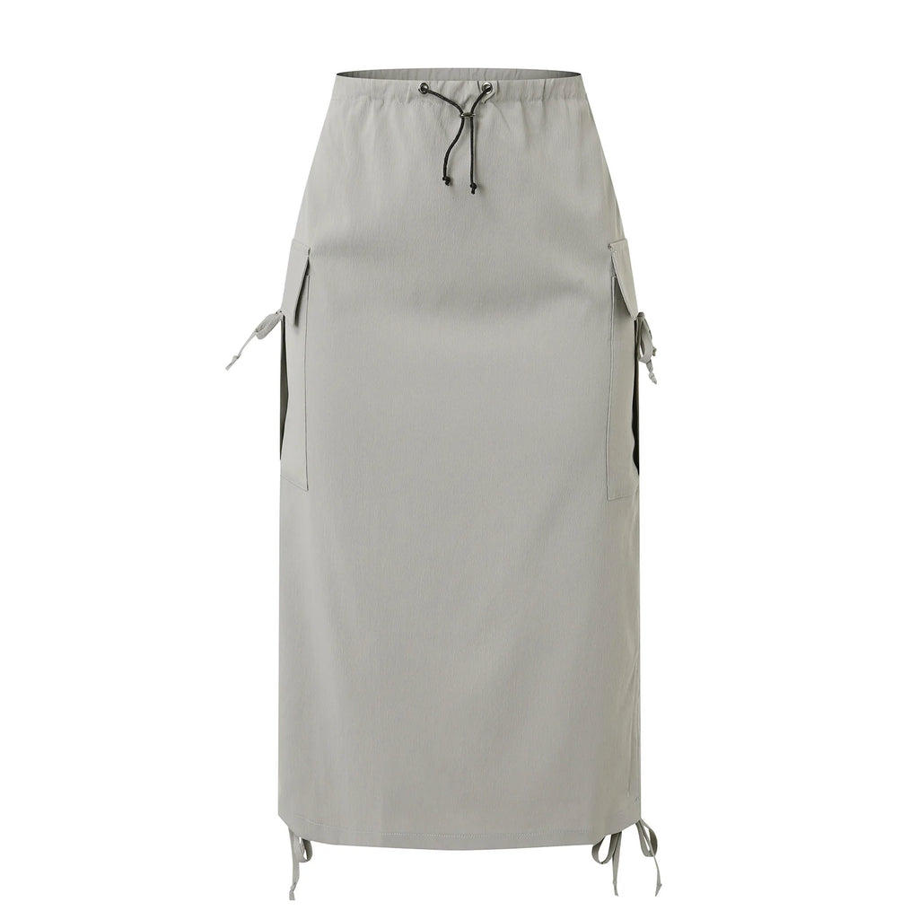 Women's Casual Elastic Waist Drawstring Skirt – Flap Pocket Work Skirt