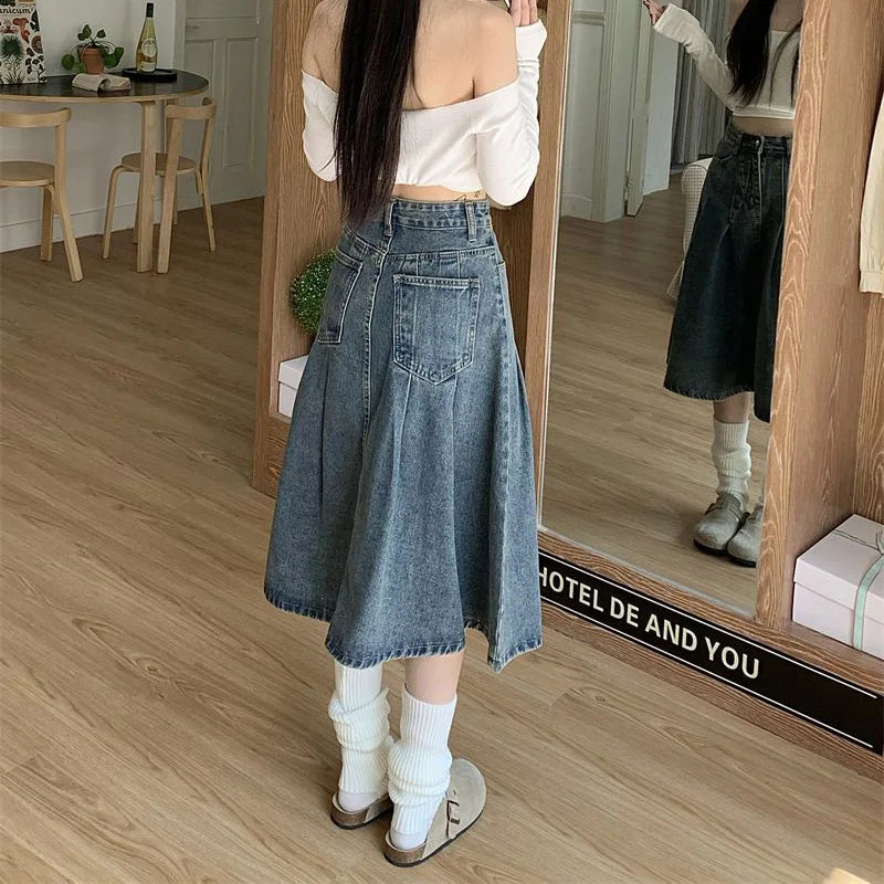 Women's High Waist Vintage Denim Skirt – Korean Style Mid-Long Dress