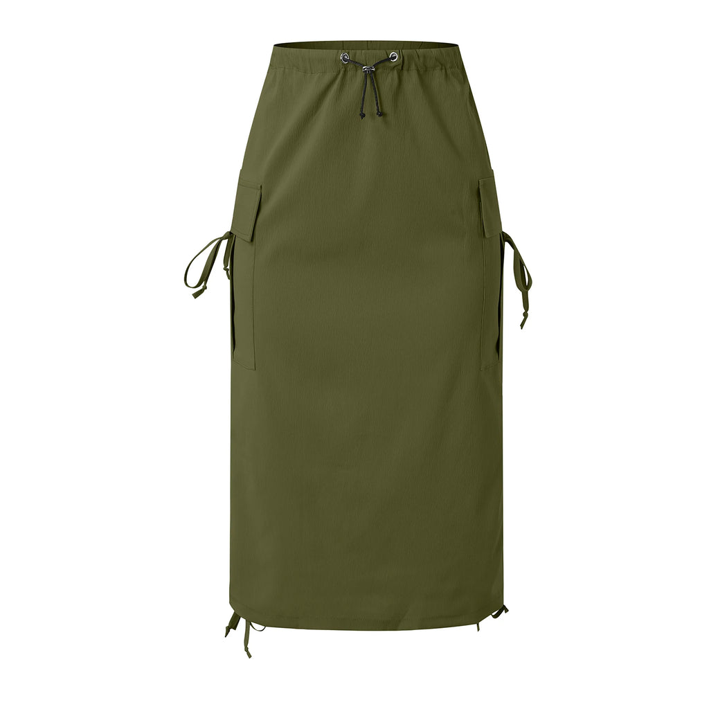 Women's Casual Elastic Waist Drawstring Skirt – Flap Pocket Work Skirt