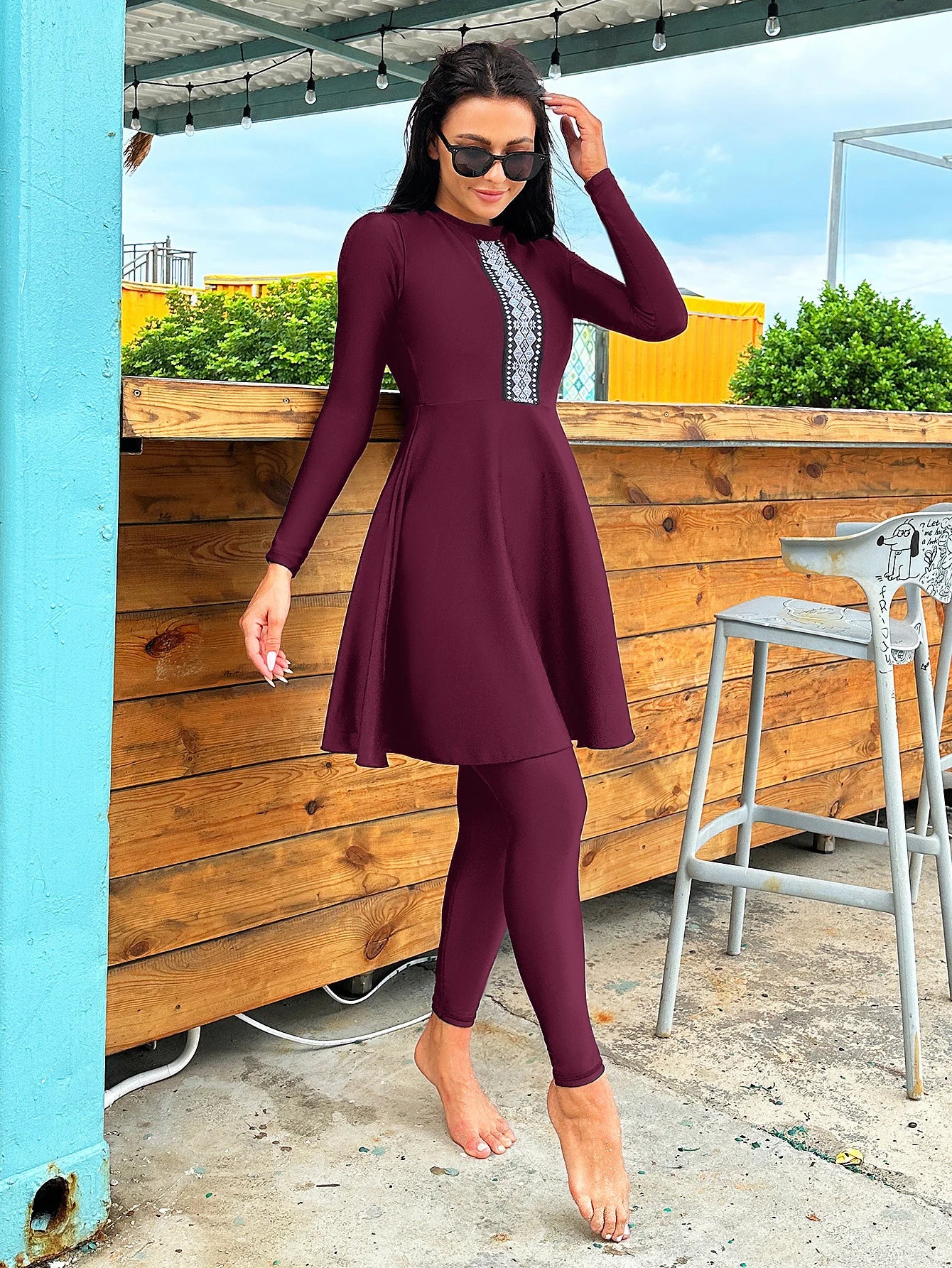 2pcs Muslim Burkini Modest swimsuit  with Black Long Sleeved Dress All Covered Retro Cross Women Swimwear Beach swimsuit SPF50+