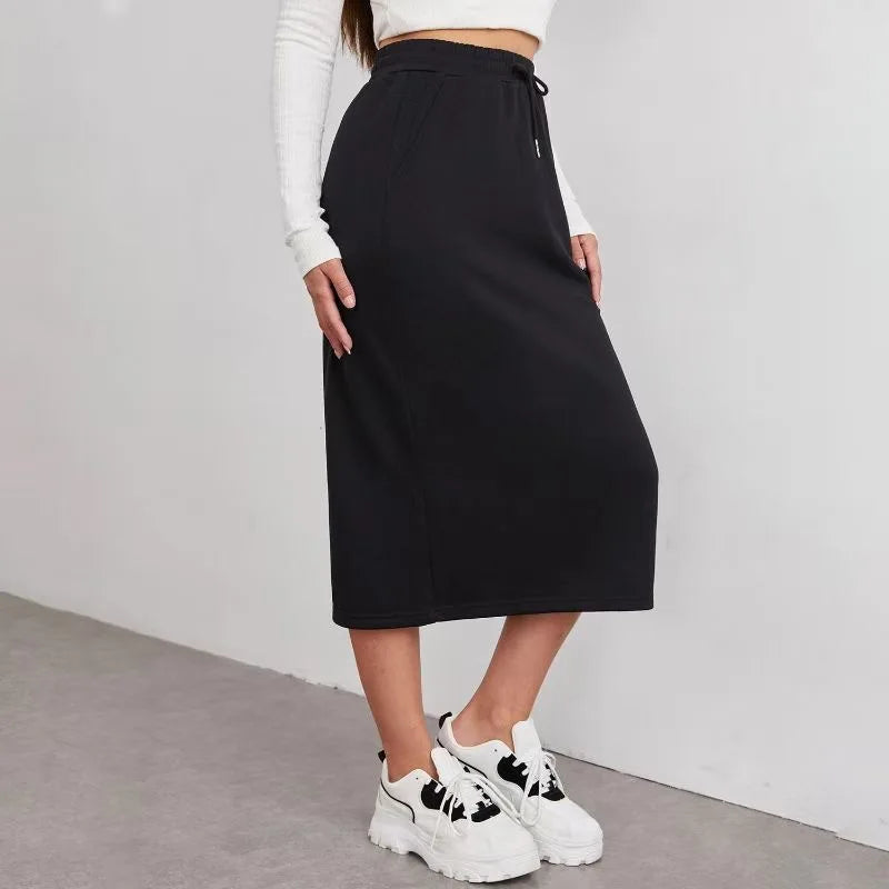 Women's Elegant Silk-like Midi Skirt – High Waist Elastic Belt