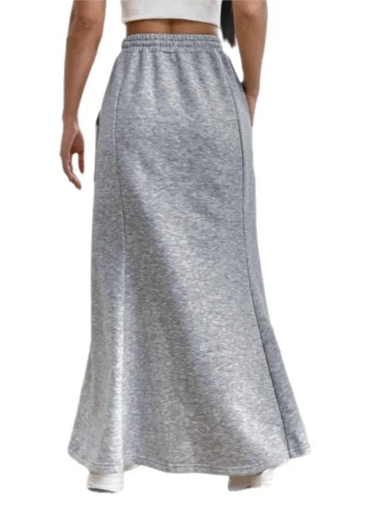 Women's Solid Color Sweatshirt Skirt – Pocket Drawstring Half Dress