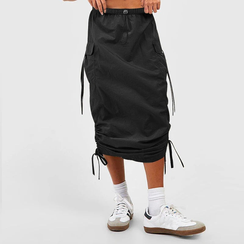 Women's Casual Elastic Waist Drawstring Skirt – Flap Pocket Work Skirt