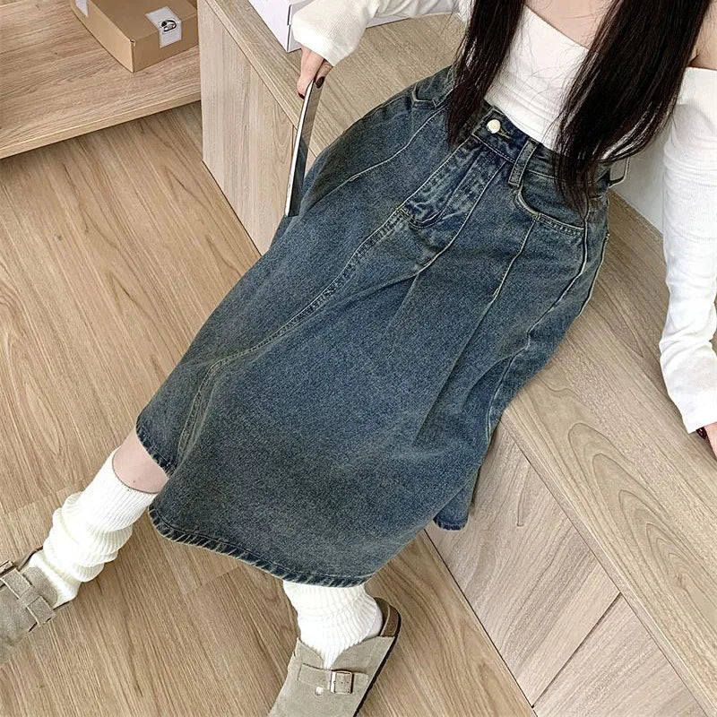 Women's High Waist Vintage Denim Skirt – Korean Style Mid-Long Dress