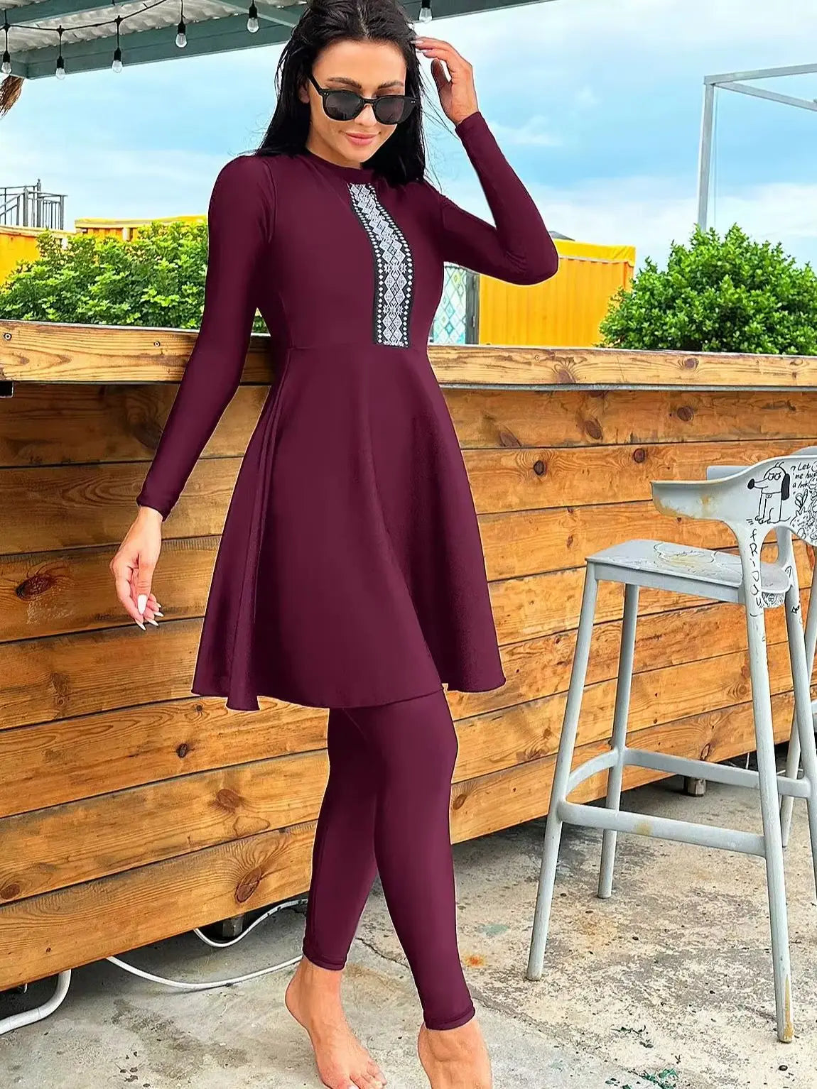 2pcs Muslim Burkini Modest swimsuit  with Black Long Sleeved Dress All Covered Retro Cross Women Swimwear Beach swimsuit SPF50+