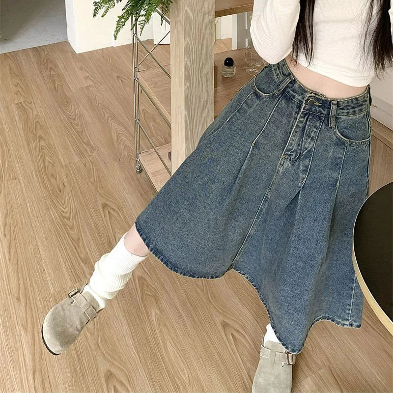 Women's High Waist Vintage Denim Skirt – Korean Style Mid-Long Dress