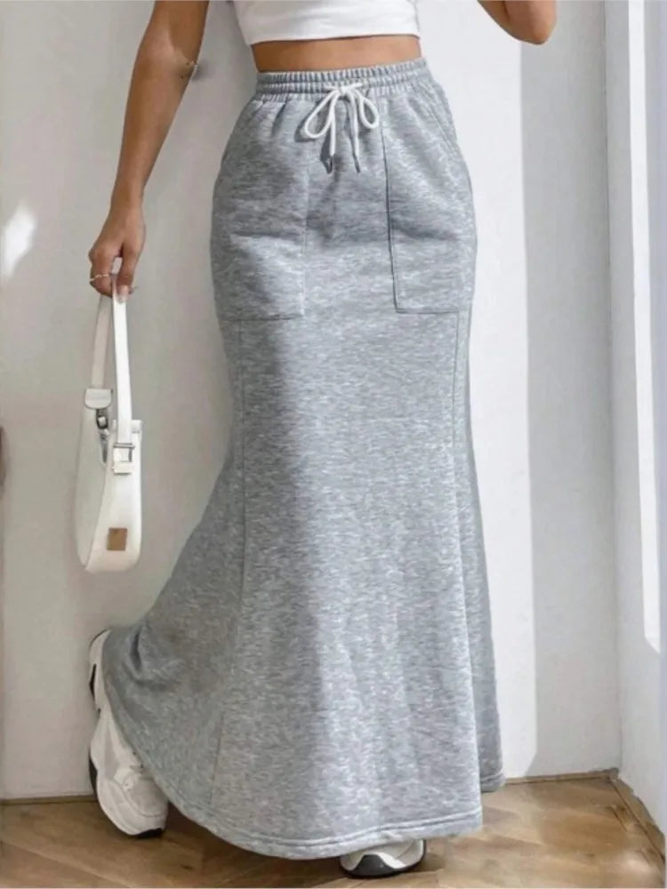 Women's Solid Color Sweatshirt Skirt – Pocket Drawstring Half Dress