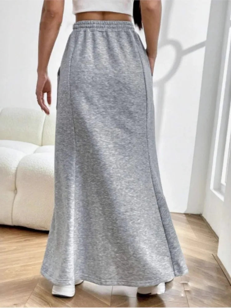 Women's Solid Color Sweatshirt Skirt – Pocket Drawstring Half Dress