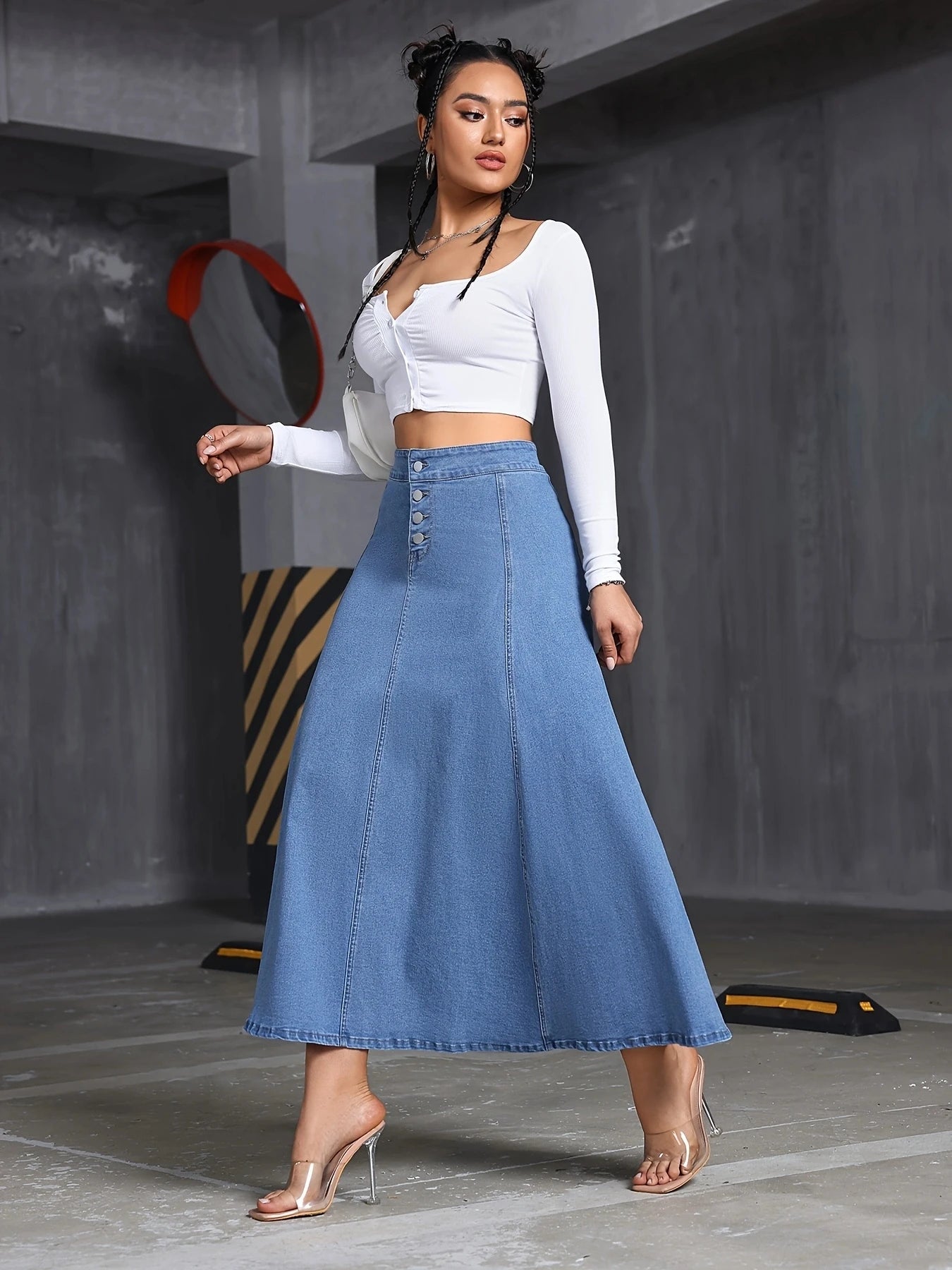 Women's Loose Elastic Waist Denim Skirt – Large Size Front Pocket