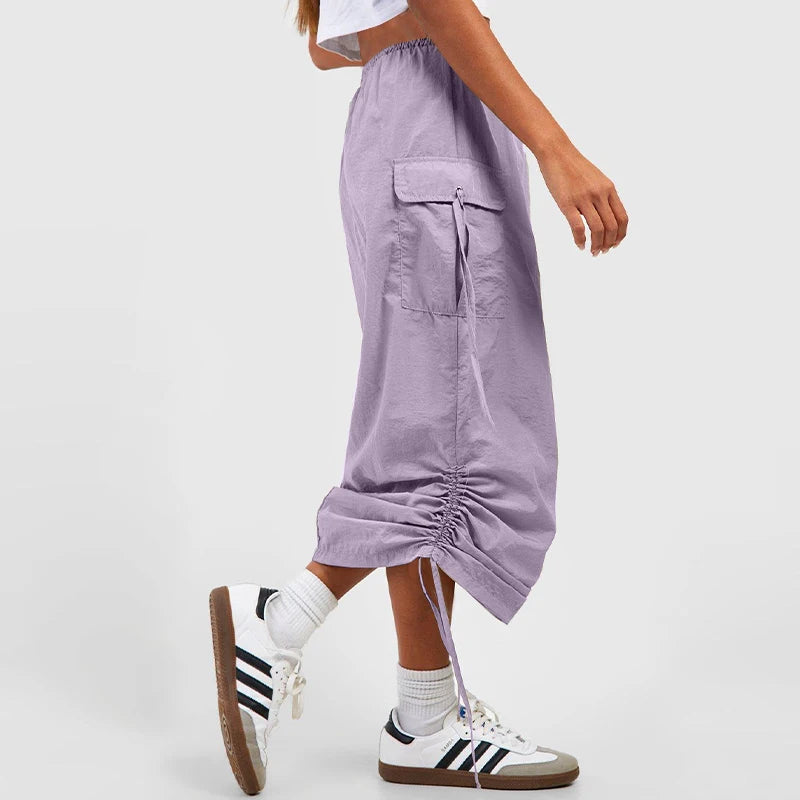 Women's Casual Elastic Waist Drawstring Skirt – Flap Pocket Work Skirt