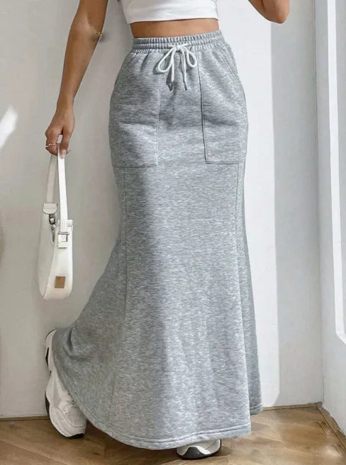Women's Solid Color Sweatshirt Skirt – Pocket Drawstring Half Dress