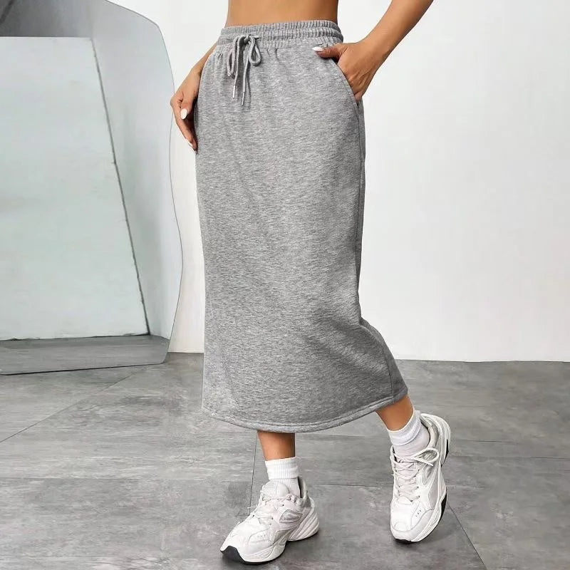 Women's Elegant Silk-like Midi Skirt – High Waist Elastic Belt