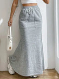 Women's Solid Color Sweatshirt Skirt – Pocket Drawstring Half Dress