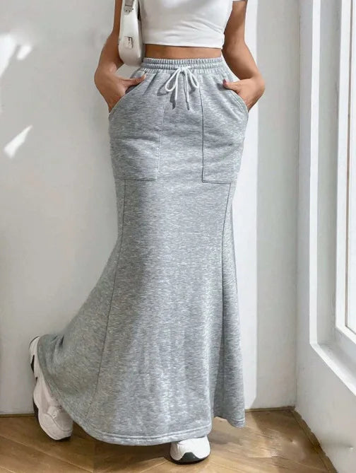Women's Solid Color Sweatshirt Skirt – Pocket Drawstring Half Dress