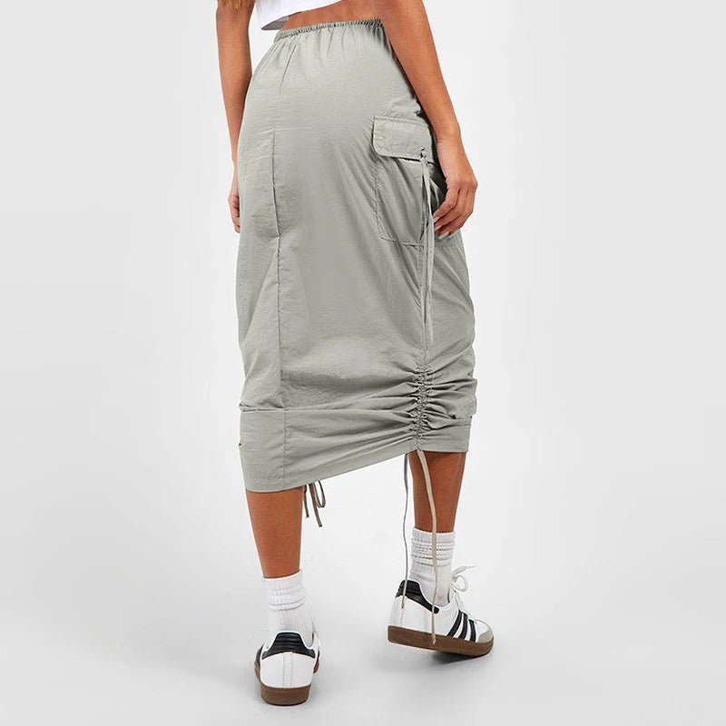 Women's Casual Elastic Waist Drawstring Skirt – Flap Pocket Work Skirt