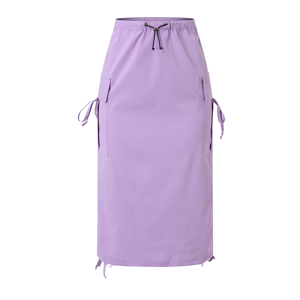 Women's Casual Elastic Waist Drawstring Skirt – Flap Pocket Work Skirt