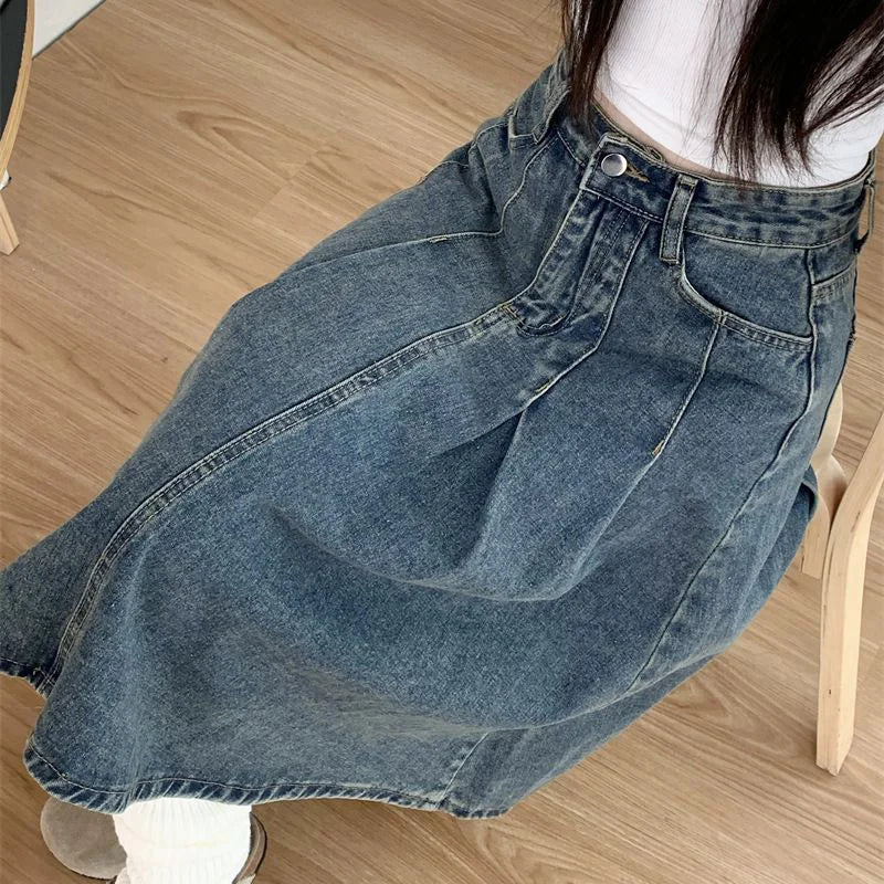 Women's High Waist Vintage Denim Skirt – Korean Style Mid-Long Dress